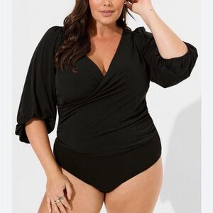 Torrid Black Wrap Bodysuit Blouse with Balloon Sleeves